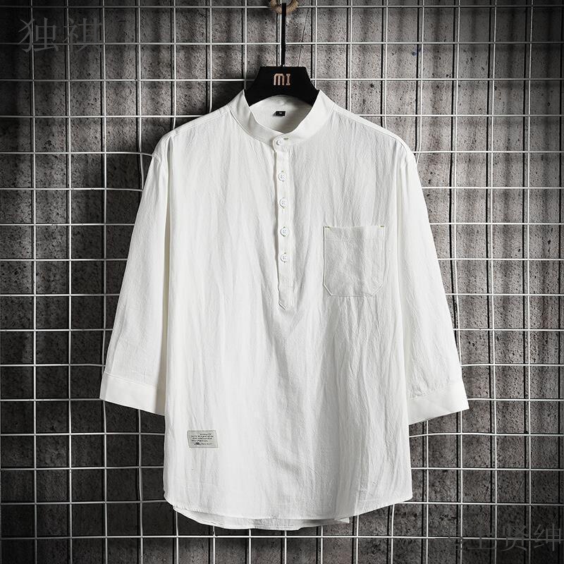 Vertical Collar Shirt Men's Short-sleeved Summer Fashionable Thin Cotton and Linen Seven-sleeved Shirt Fashionable Brand White Non-ironing Top Clothes Vertical Collar Shirt Men's Short-sleeved Summer Fashionable Thin Cotton and Linen Seven-sleeved Shirt Fashionable Brand White Non-ironing Top Clothes