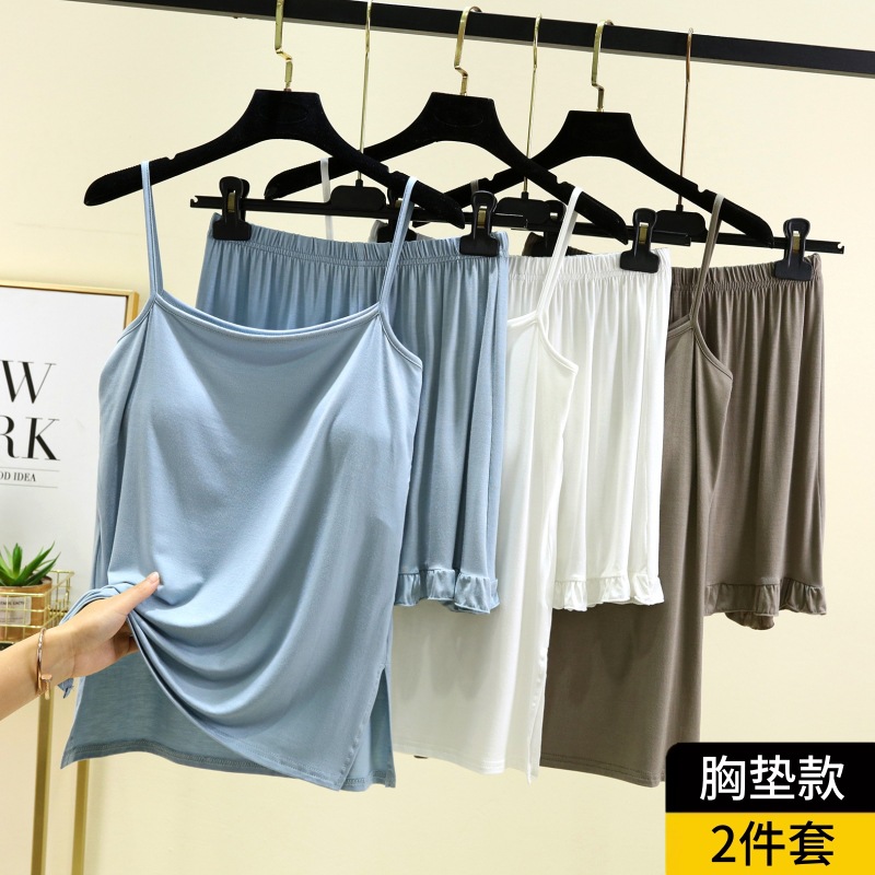 가슴 패드 반바지를 입은 카미 솔 홈 의류 세트 여성 여름 얇은 모달 외주 잠옷 생활 옷