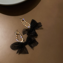 布藝黑色蝴蝶結耳環2021韓國小眾氣質網紅耳飾2020年新款潮耳墜女