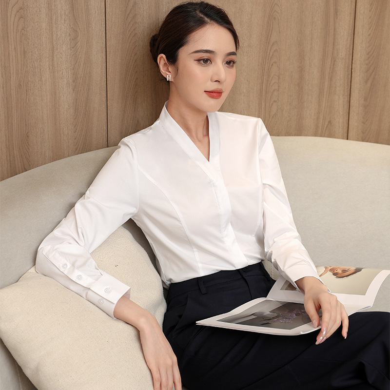 White Professional Shirt Women's Long-Sleeved Top Classy Interview Work Clothes Flight Attendant Uniform V Neck Spring & Fall New Shirt