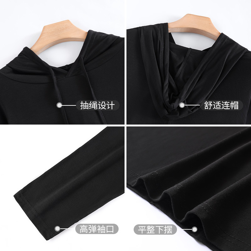 Suéter con capucha negro para mujer Primavera y otoño 2023 nueva ropa de mujer simple moda color sólido manga larga cordón camiseta image 4