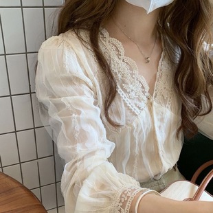 Sweet V-neck lace puff sleeve shirt women's high-end thin chiffon long sleeve top