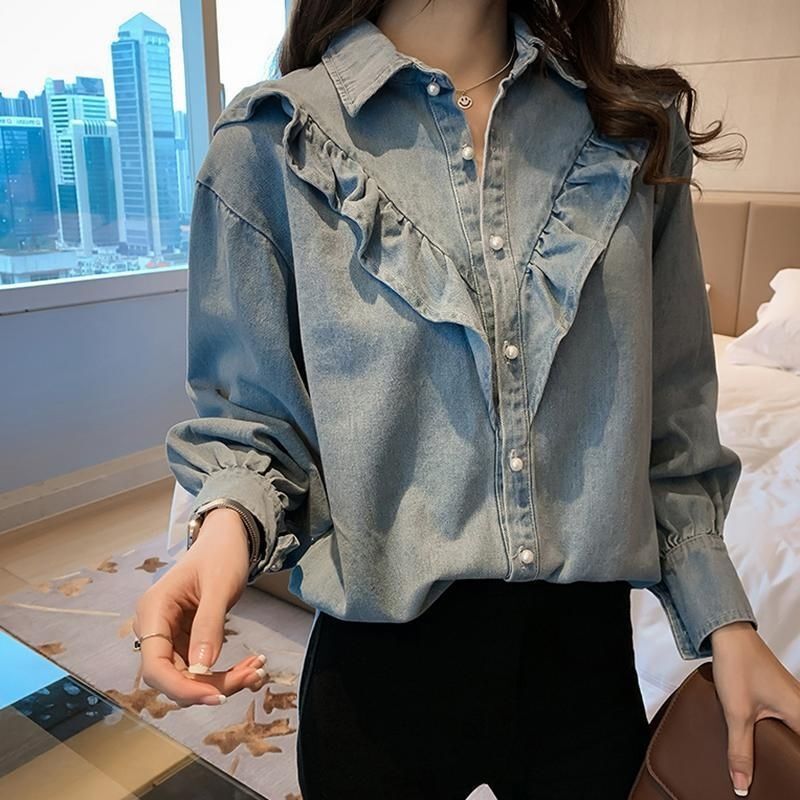 Spring and Autumn Plus-Size Women's Korean-Style Denim Long-Sleeve Shirt, Slimming and Age-Reducing, New High-End Base Shirt for Fashionable Outfits