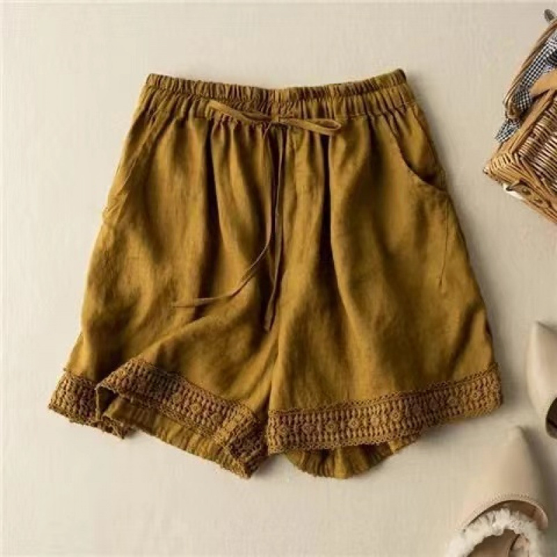 Clearance Sale Cotton-Linen Shorts for Women, Vintage Style, Crochet, High-Waisted, Slimming, Straight-Leg Wide-Leg Pants