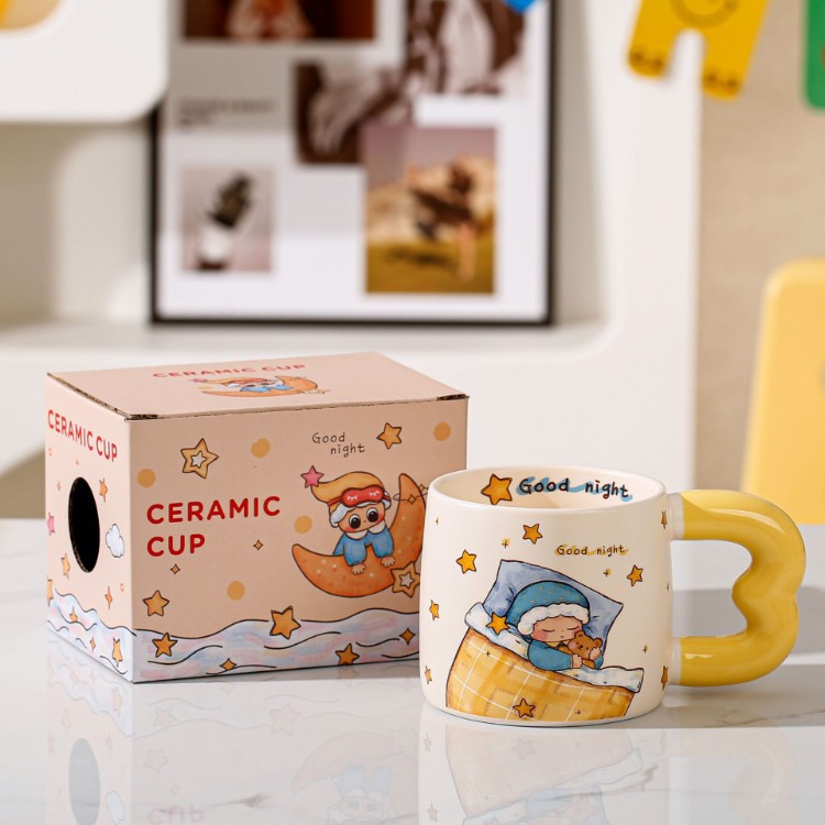 Buenas noches oso cartón de dibujos animados taza de regalo de alta cara casera taza de café de leche de mano regalo taza de cerámica