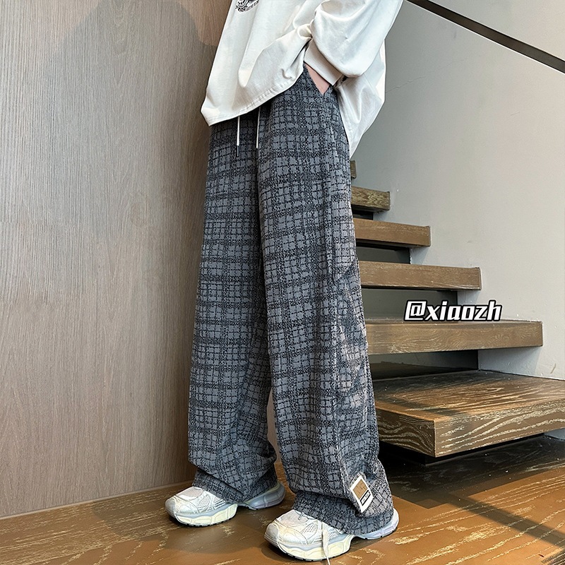 Galería americana retro japonesa suelta pantalones a cuadros para mujeres super caliente primavera y otoño de piernas anchas tendencia recta pantalones casuales para hombres