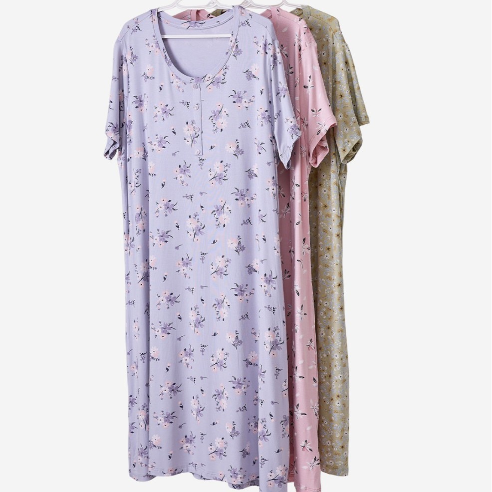 Spring and Summer Women's Round Neck Half-Sleeved Home Wear Nightgown Casual Loose Plus Fat with Breast Pad Free Bra Floral Print Women's Style