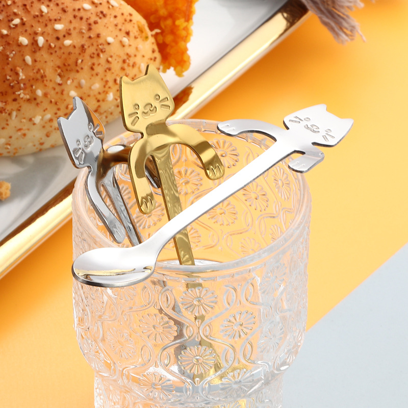 Cuchara de acero inoxidable 304 taza de dibujos animados creativa cuchara de café cuchara de gato colgante chapado en oro cuchara de helado de postre batido