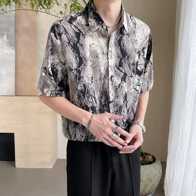 Легкий ветер ~ Летние тонкие ледяные шелковые чернила роспись рубашка с средним рукавом C черный серый хлопок хаки, чтобы согреться