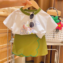 新款夏季女童洋气休闲套装韩版女孩涂鸦短袖T恤绿色短裙裤两件套