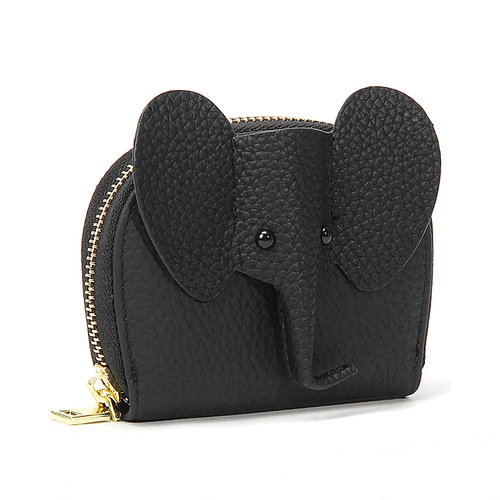 Japanese genuine leather accordion card bag ins creative personality little elephant zipper small wallet solid color multi-card slot document card holder