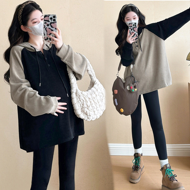 Long-sleeved hooded pregnant women's sweater coat autumn and winter clothes casual contrast top two-piece suit loose base shirt