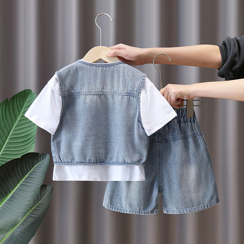 7261 Conjunto de chaleco para niños, moda para niños guapos, calle frita, ropa de verano, ropa de verano roja, traje de mezclilla de tres piezas, verano