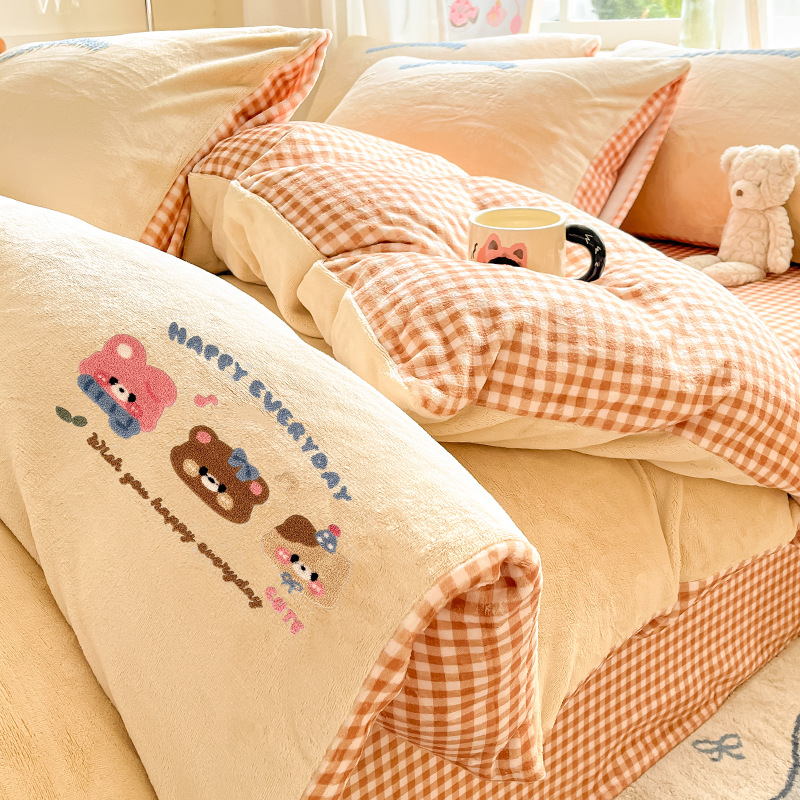 Invierno de doble cara engrosado leche cama de peluche cuatro piezas más cama de peluche cubierta sábanas de franela de coral