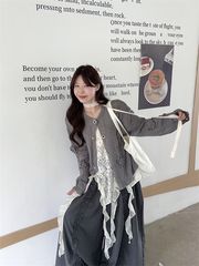 慵懒风套装复古立体花朵针织毛衣外套叠穿背心休闲裤春秋女三件套