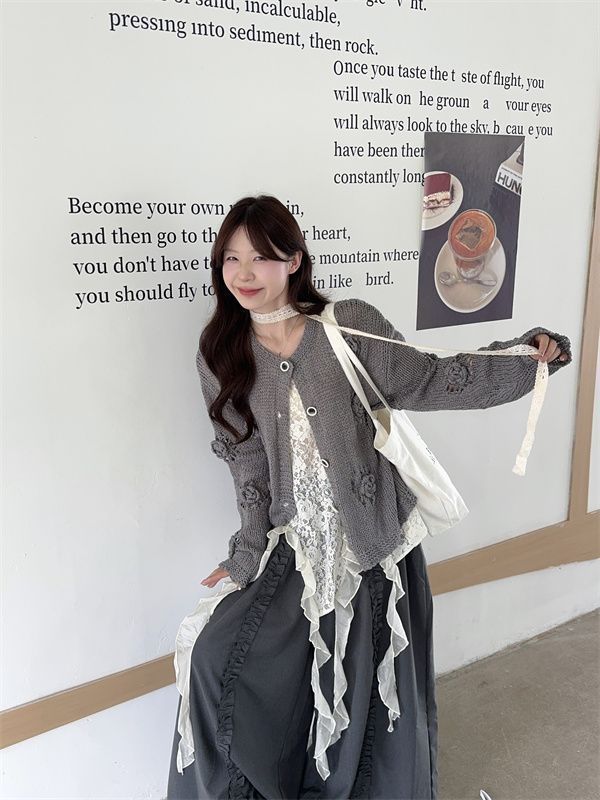 慵懒风套装复古立体花朵针织毛衣外套叠穿背心休闲裤春秋女三件套|undefined
