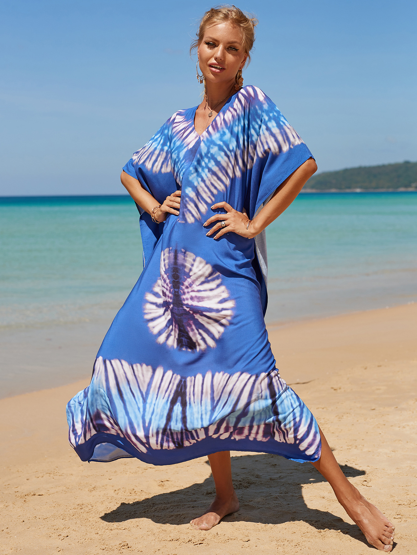 printed loose short sleeve v neck slit beach outdoor cover-up-Multicolor NSMUX131415