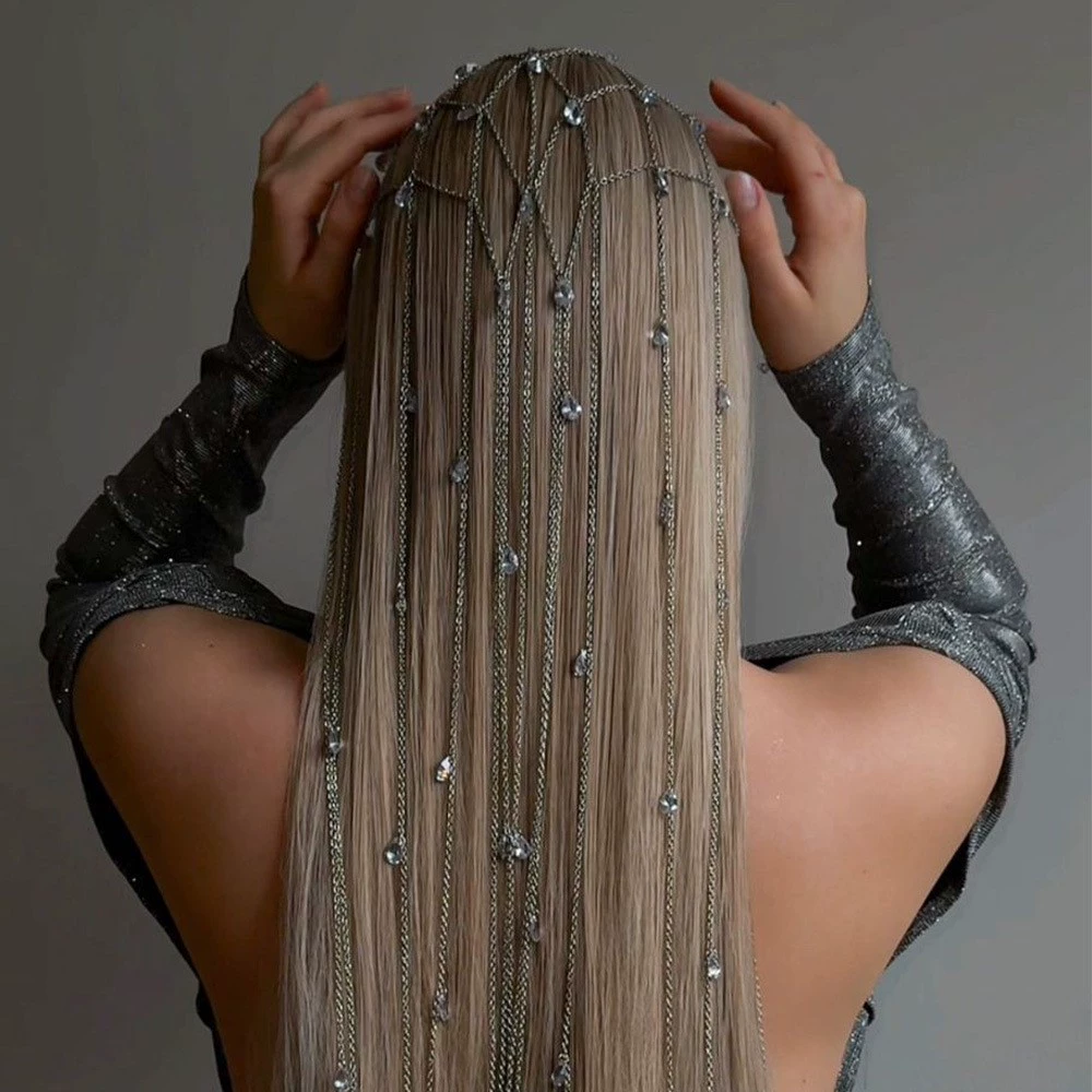 Европейская и американская хитовая сетчатая цепочка для волос со стразами, банкетная элегантная цепочка для волос с бриллиантами, универсальный головной убор, женский головной убор