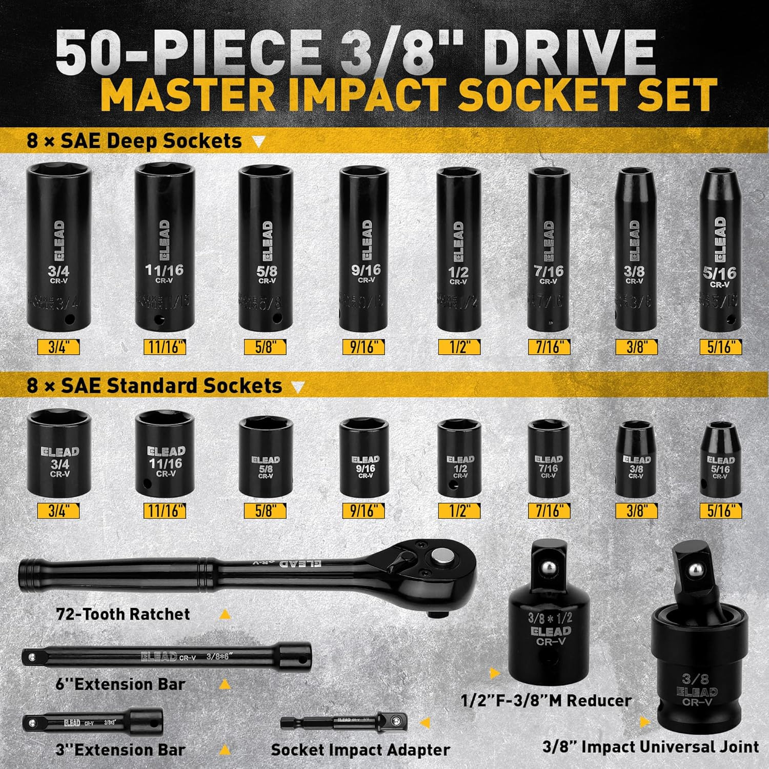 50-Piece Set of Metric and Imperial 3/ 8inch Impact Socket Set, Chrome Vanadium Steel Mechanic's Tool Set with Extended Ratchet Handle