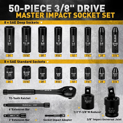 Mühərrik tənzimləmə alətləri 3/ 8inch Impact Socket Set, Chrome