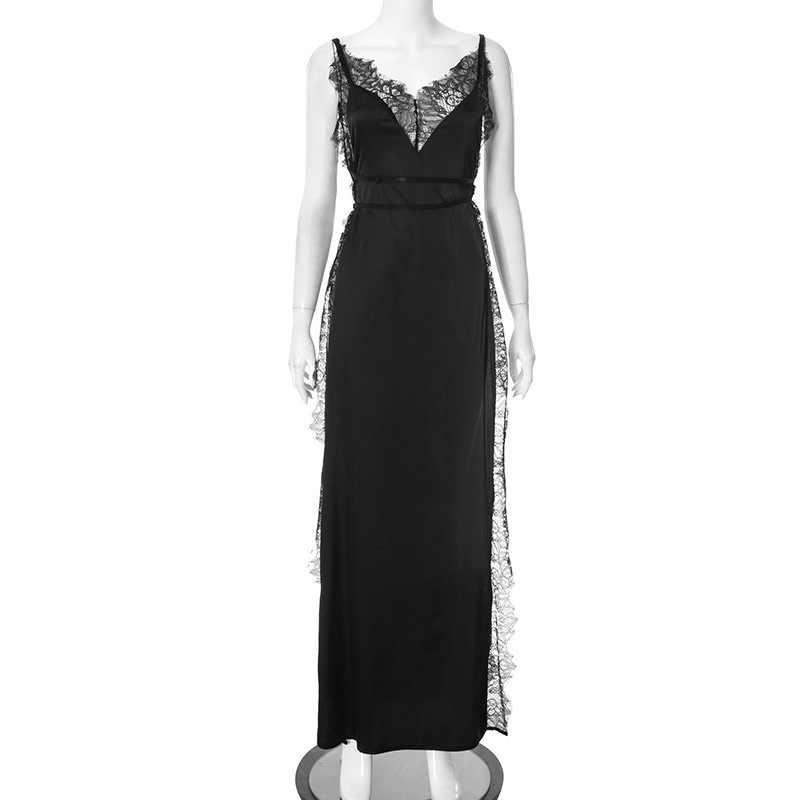 Women Clothing Spring Summer Solid Color Lace Splicing Sling Split Sexy Dress Women