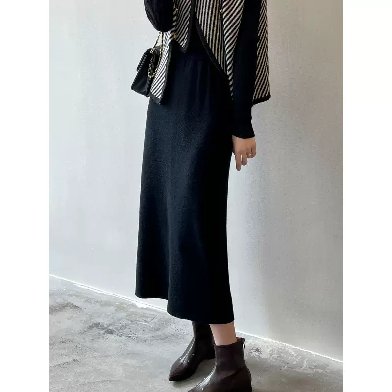 黑色针织半身裙女2024秋冬新款韩版松紧腰显瘦开叉中长款一步裙子