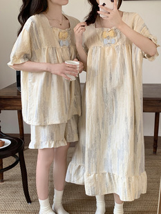 Summer Short-Sleeved Thin Simple Casual Princess Style Pajamas Women's Cotton Gauze Lace Nightgown Can Be Worn Outside Home Clothes