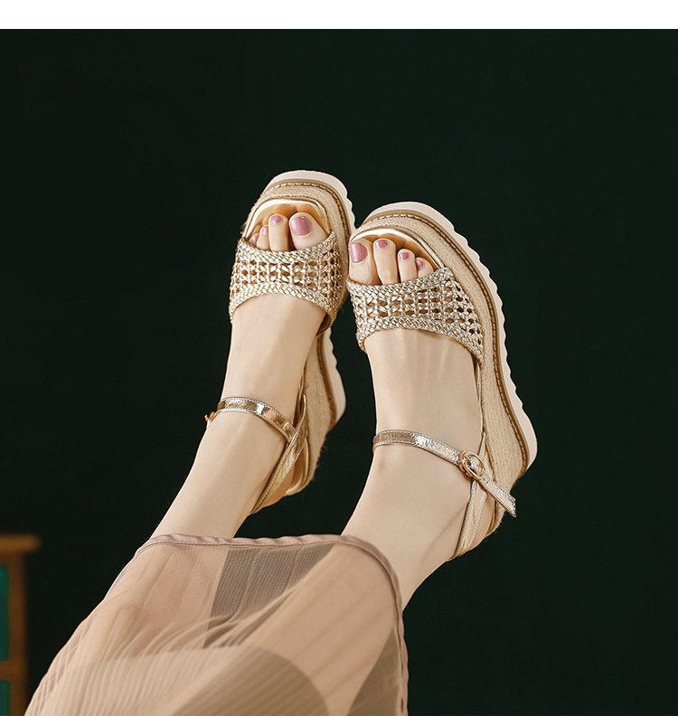 Sandal cao gót nữ mũi vuông hở ngón, đế xuồng đan rơm, gót 9 cm — màu vàng, bạc chi tiết 13
