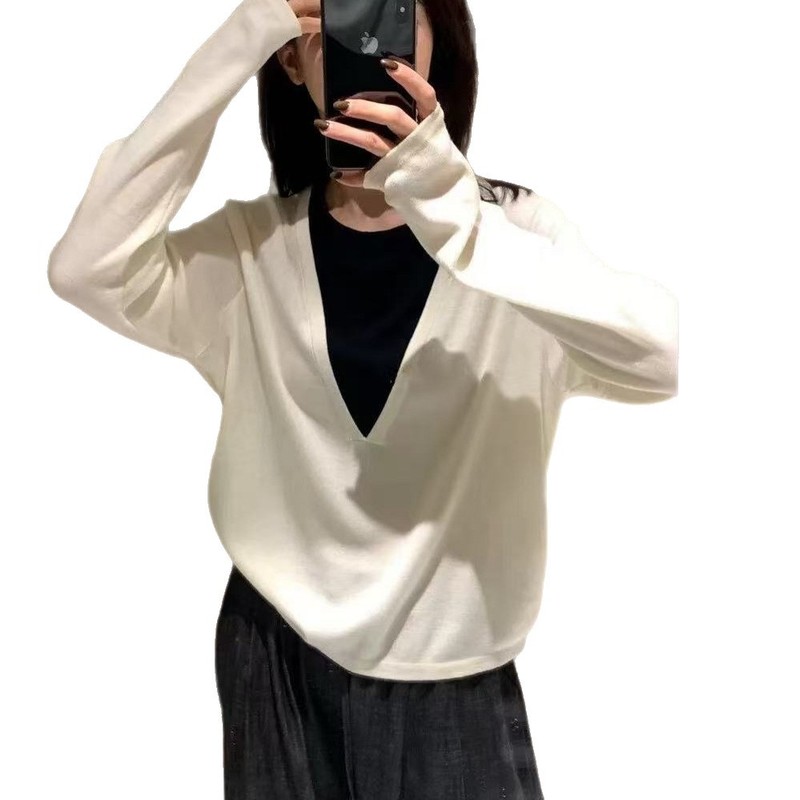 韩系设计感V领撞色假两件长袖针织衫女装秋冬慵懒风内搭打底上衣|undefined