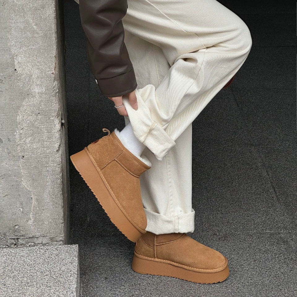 Winter fleece leather non-slip high keep warm boots platform