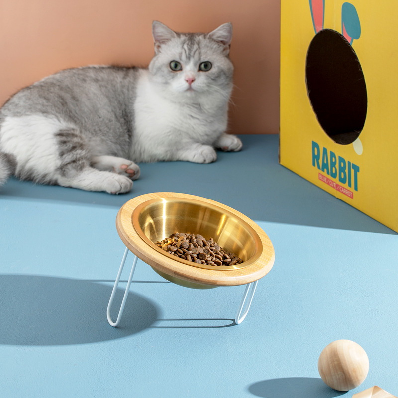 Tazón de acero inoxidable gato alta protección de la pierna columna cervical gato tazón de comida gato perro gato cuenca bebedero mascota tazón de cerámica bambú estante de madera