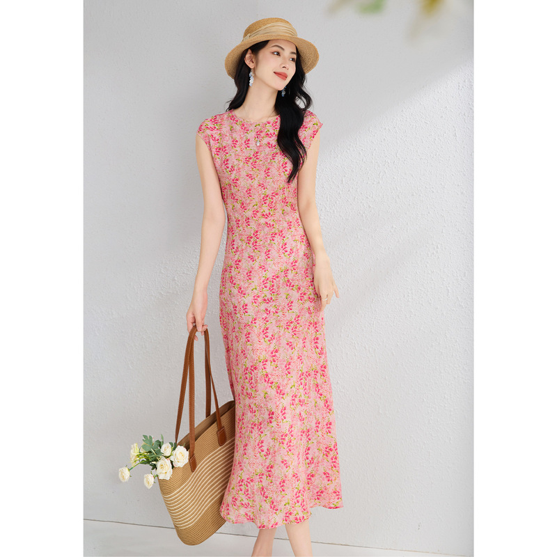 Silk Floral Dress 2026 Summer Round Neck Waist-Cinching Slimming High-End Socialite Style Women's Mulberry Silk Long Dress