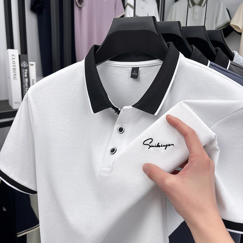 Camiseta de polo de verano de perlas frescas de hombre camiseta de manga corta de negocios de mediana edad casuales de papás con collar top bordado