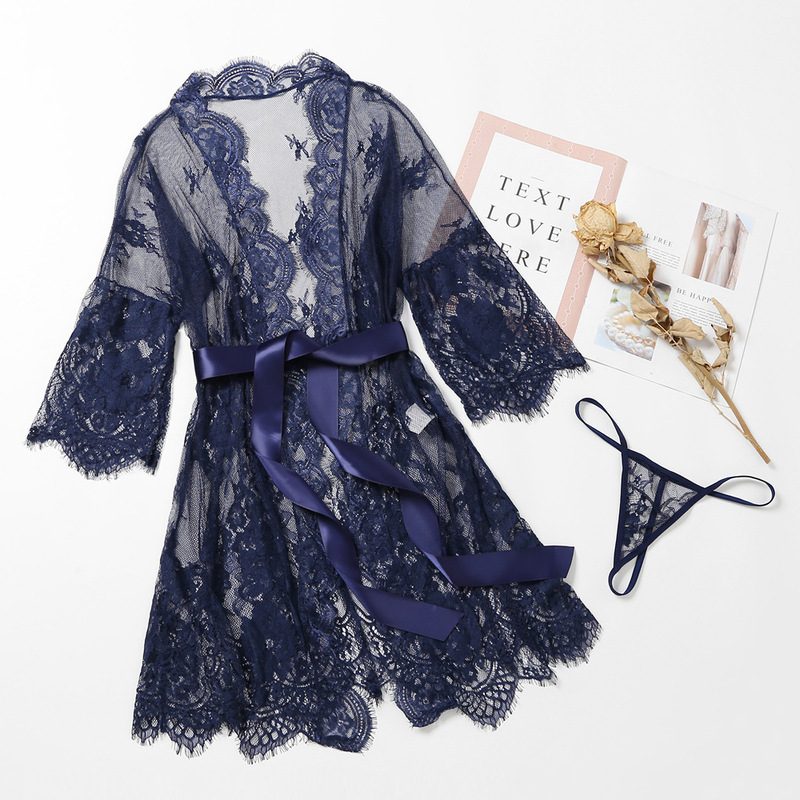 Plus-Size Lace Long-Sleeve Sexy Nightgown, Lightweight Sheer Cardigan Lingerie, Foreign Trade Amazon Temu Cross-Border Supply