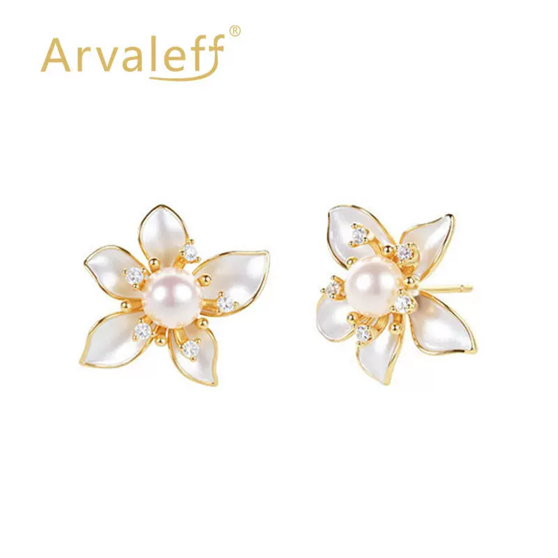 Arvaleff S925银耳钉淡水无核珍珠耳钉花朵设计珍珠女士耳钉跨境