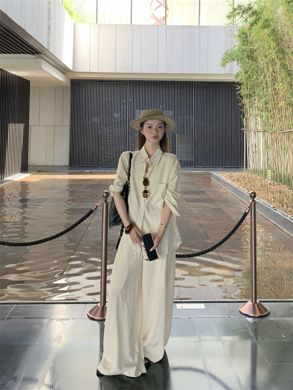 Fashion suit Women's Simple Loose Elegant POLO Collar Solid Color Shirt Top Summer Dape Casual Pants Two-piece Set