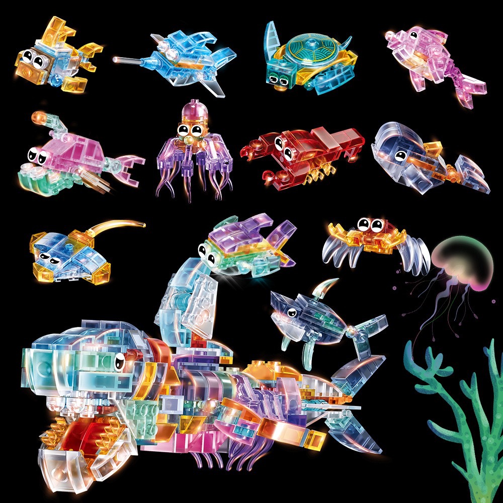 Cross-Border Transparent Building Blocks with Small Particles Compatible with Lego Children's Boys and Girls Marine Animal Assembly Toys