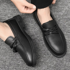 Men's Spring and Autumn Leisure Loafers, Breathable Leather Shoes, Versatile Casual Shoes, Black Work Shoes, One-Piece Slip-On Pea Pod Shoes