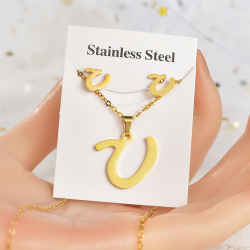 Titanium steel jewelry set, stainless steel accessories, necklace, earrings, cross-border trade, English letters do not fade, earrings, pendant