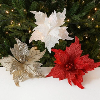 新款仿真圣诞花手工DIY装饰挂件氛围用品绒布布艺插花亮片摆件