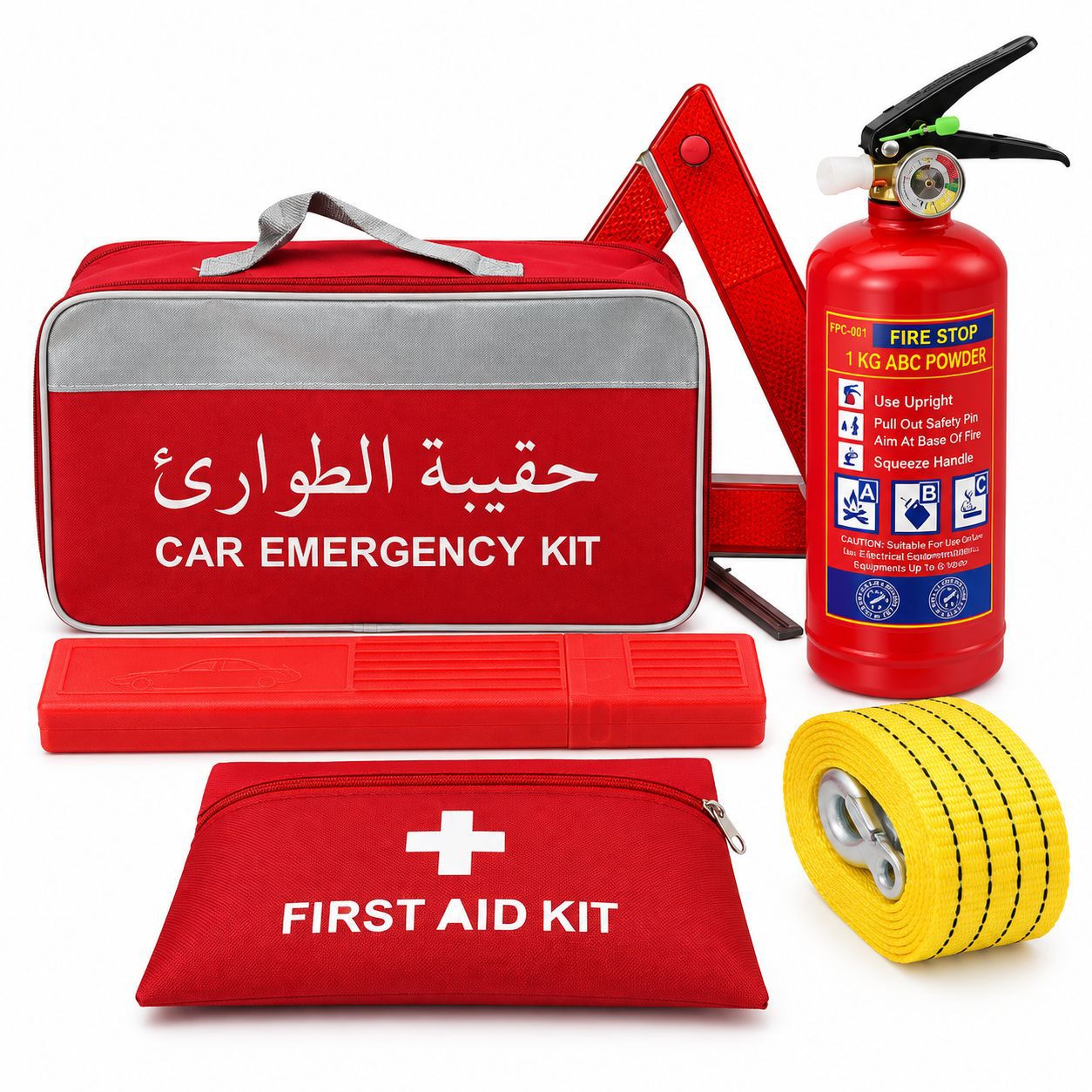 Car emergency kit for export, customizable with a logo, including a car fire extinguisher, a triangular stand, a tow rope, and a first-aid kit