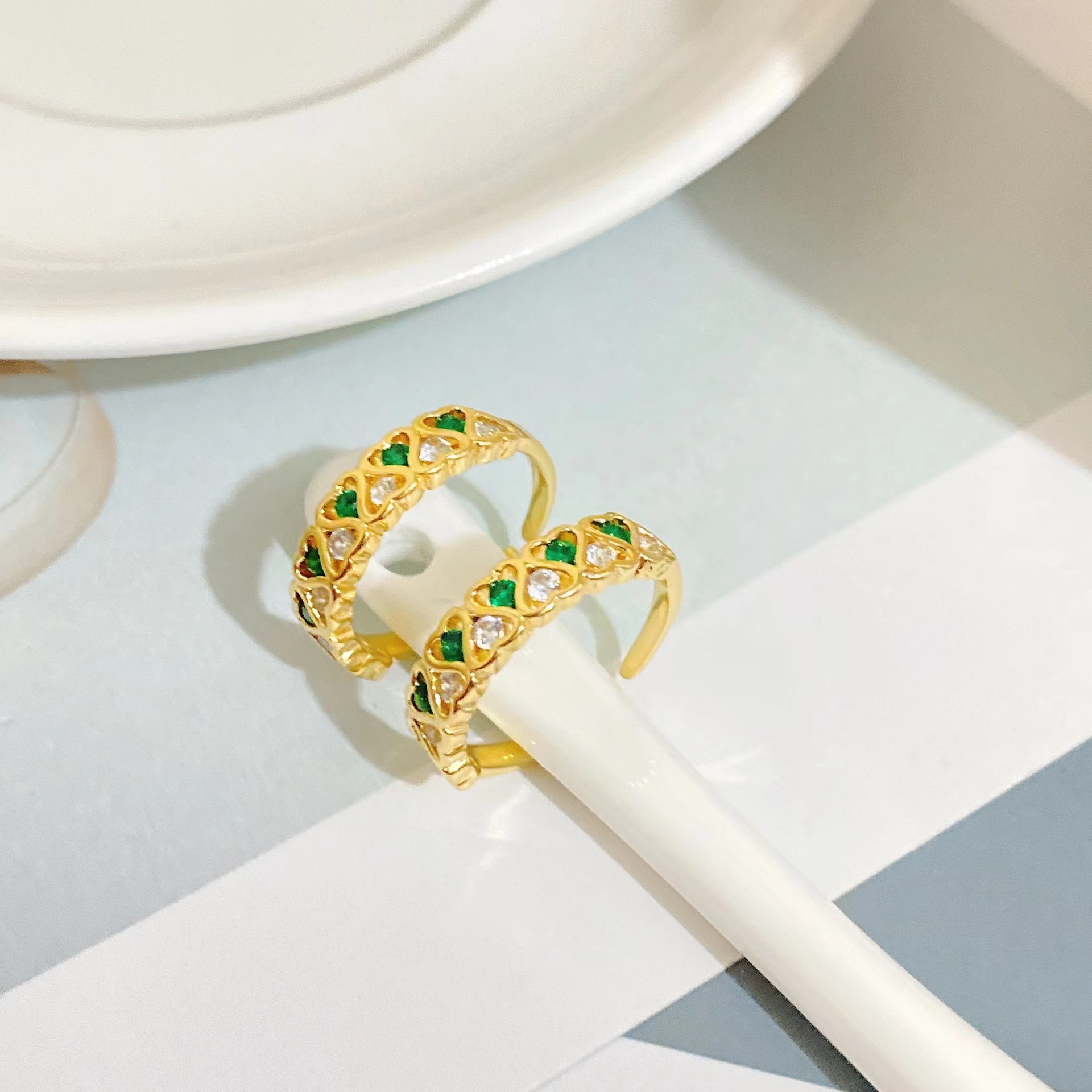 new copper-plated 18k gold heart-shaped diamond-set zircon open ring