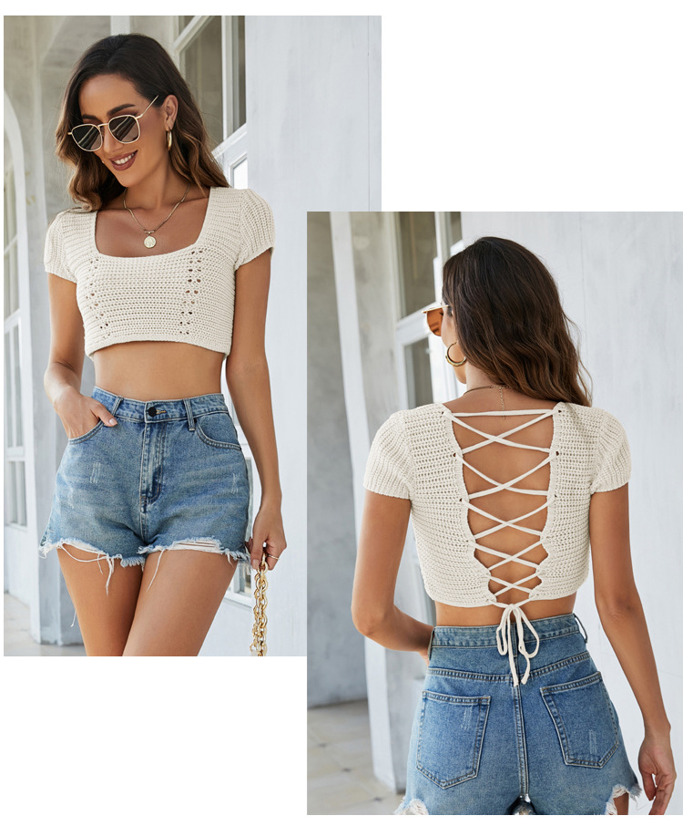 Short Cropped Knitted Hollow Open Back Short-Sleeved Knitted Top NSYH97052