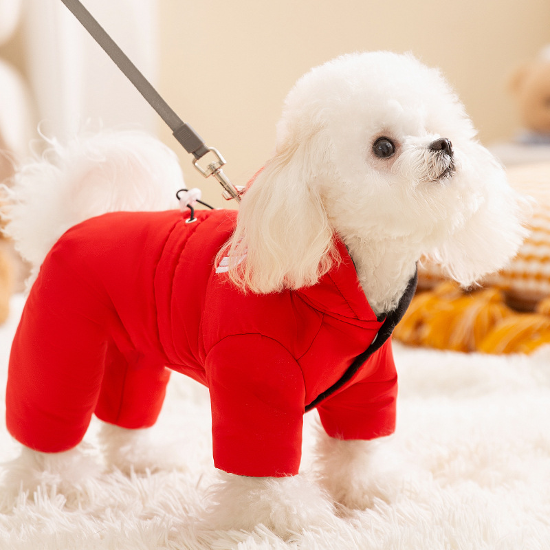 Otoño y invierno perros Año Nuevo rojo cálido color contrastante con capuzas de algodón de cuatro patas a prueba de viento y frío gato ropa de perro