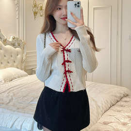 25年春款如意甜心日记羊毛拼色蝴蝶结针织开衫女早春新款百搭毛衣