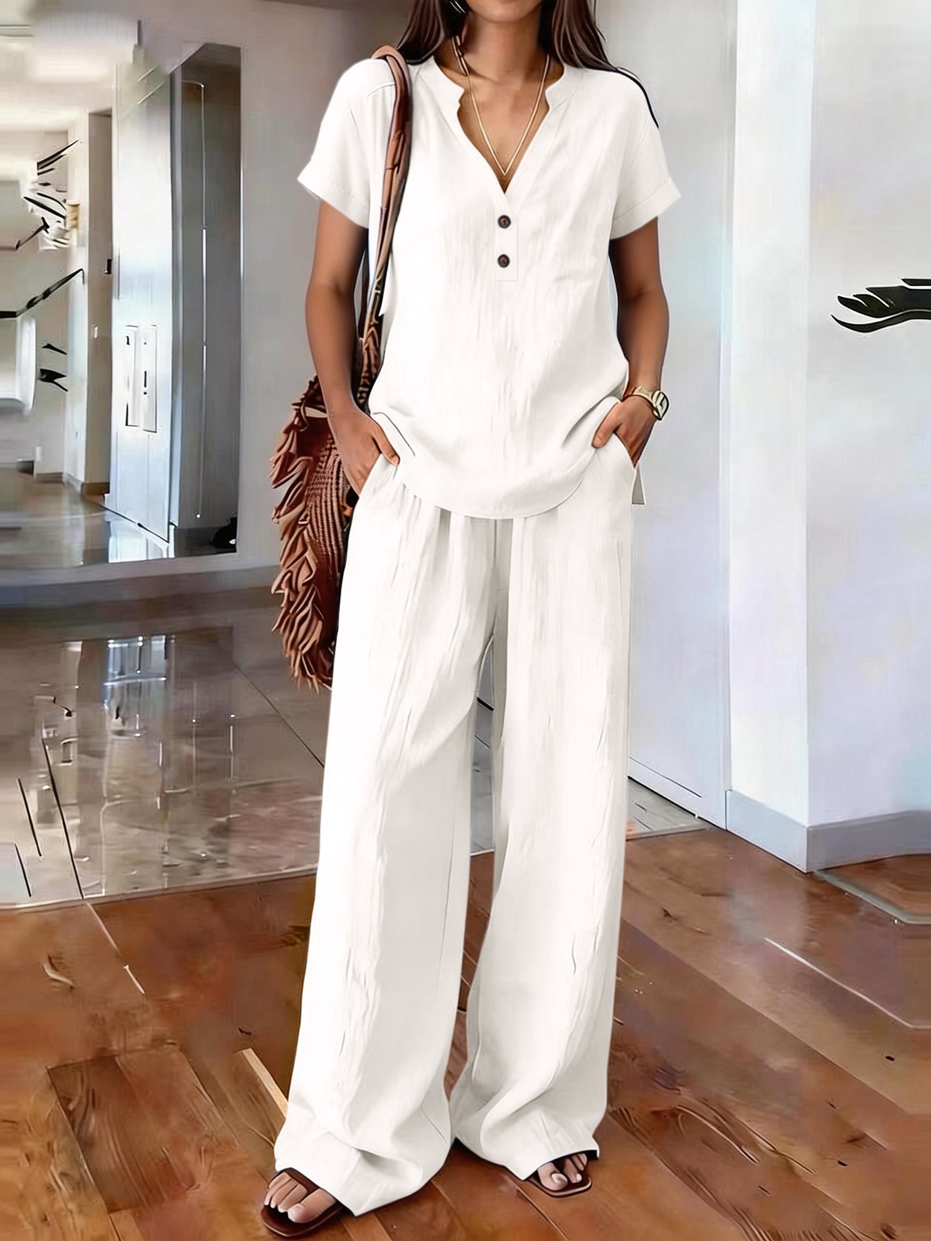 Women's Clothing Women's Casual Cotton Linen Top And Wide Leg Pants Set V Neck Button Up Old Money Style Solid Color_ecoleips.com