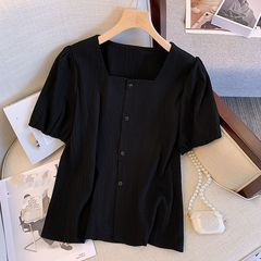 太ったmmの大きいサイズの婦人服の夏の鎖骨の方襟のシャツの女性の200斤の超仙はやせているカーディガンの泡の袖のプラス肩の上着を現します。