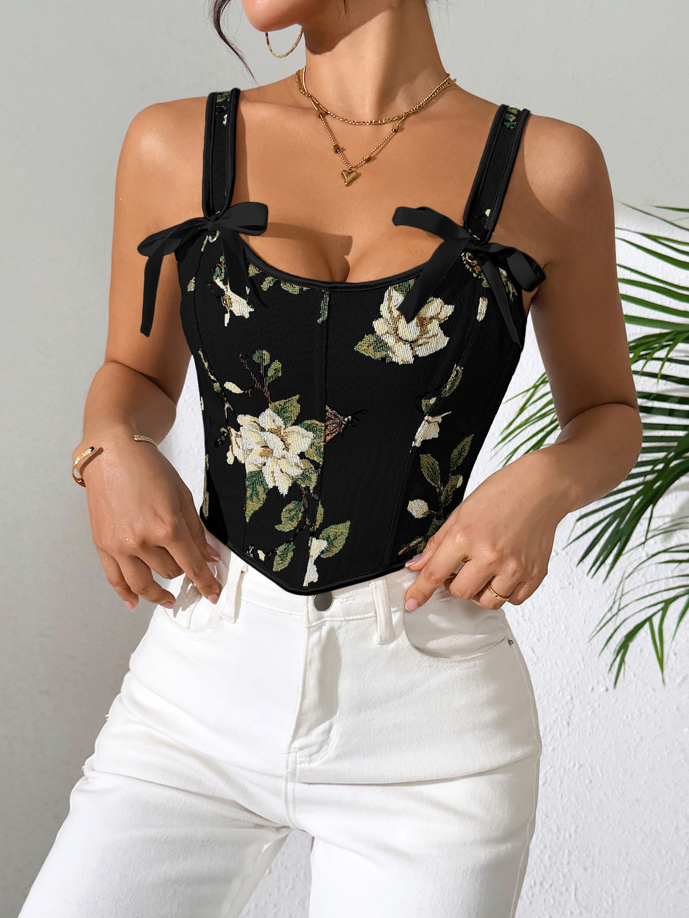Chaleco negro con cordones retro de estilo caliente europeo y americano transfronterizo, nuevo chaleco pequeño, sujetador sexy con tirantes de flores de comercio exterior