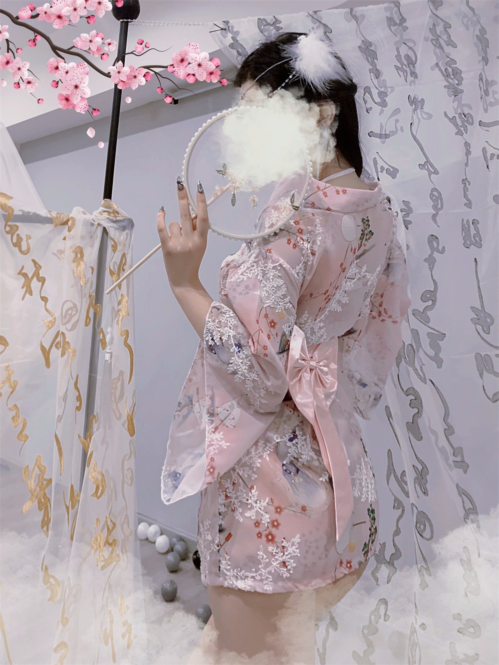 Women’s Chiffon Kimono Robe Set with Bow and White Stockings, One Size — detail image 13