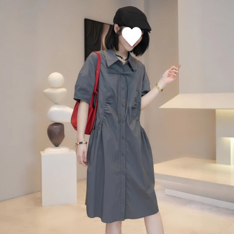 欧货设计感翻领短袖连衣裙女胖mm夏季大码宽松显瘦衬衫裙子240斤|undefined
